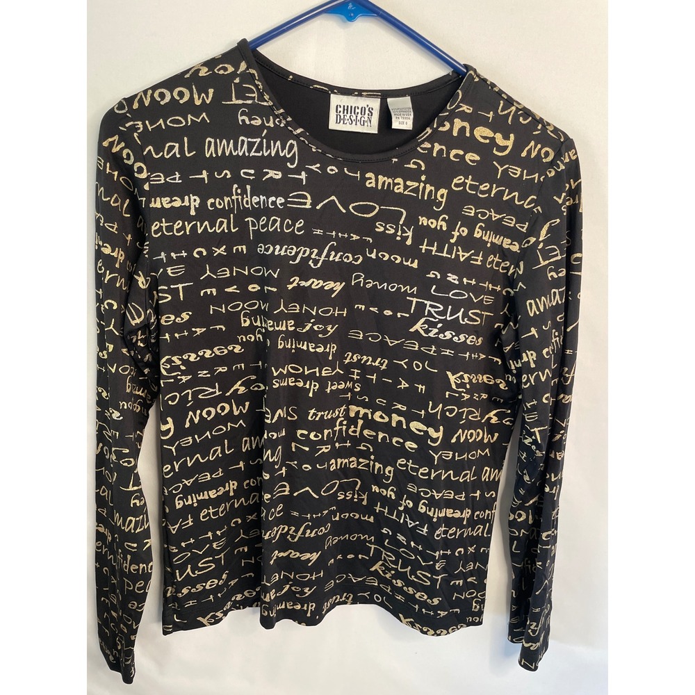 Chicos Design Black Gold Metallic Script Long Sleeve Top Size 0 Small
